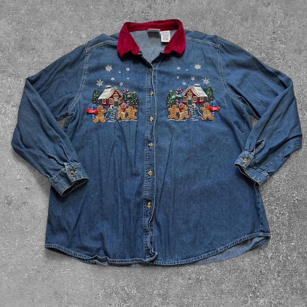 Bobbie Brooks Christmas Gingerbread House Denim Shirt Blue Red XL BB323